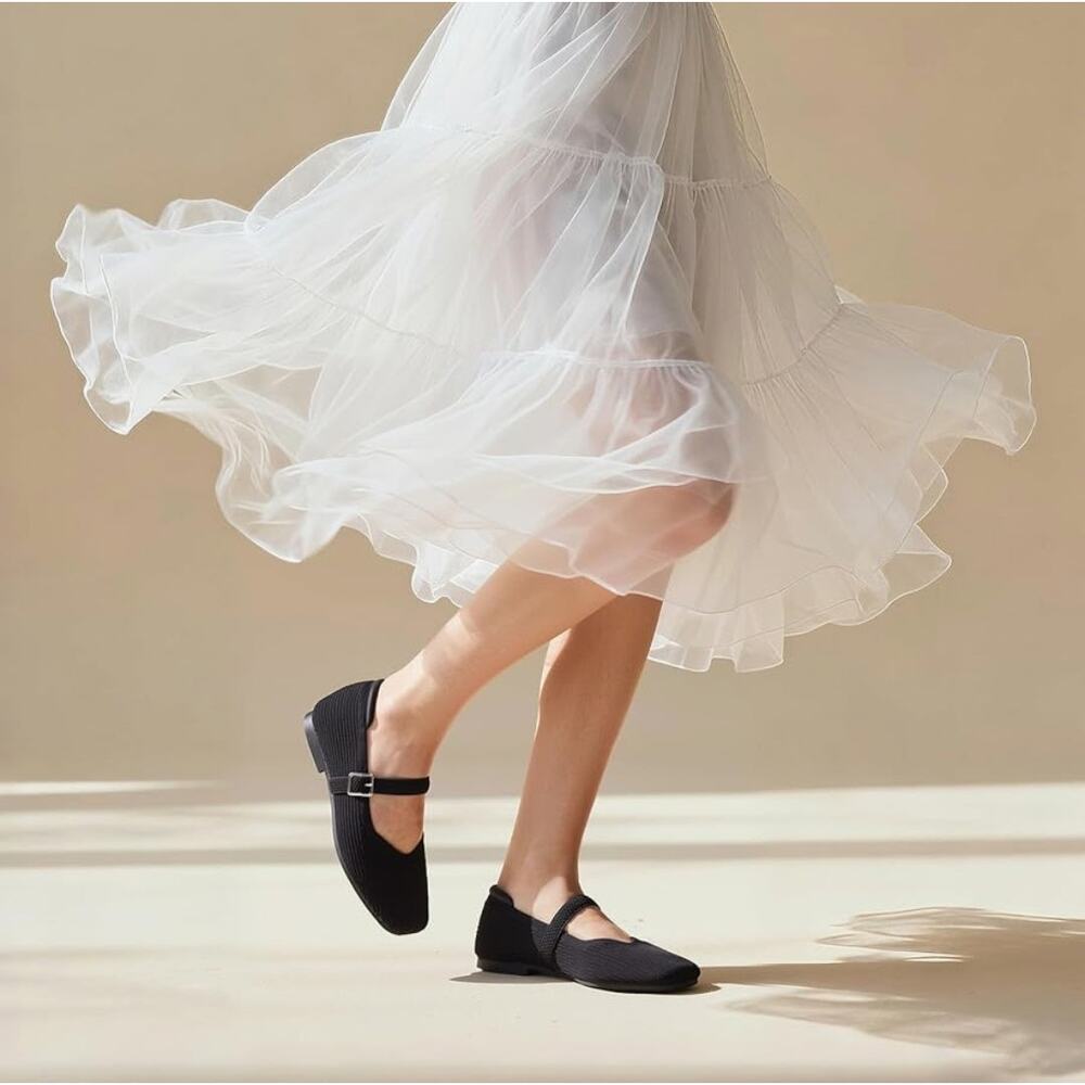 Ck. MSRP $46 NWOB CELNEPHO BLACK RIBBED KNIT SQUARE TOE MARY JANE FLATS ♡SIZE 6♡ - Picture 2 of 9